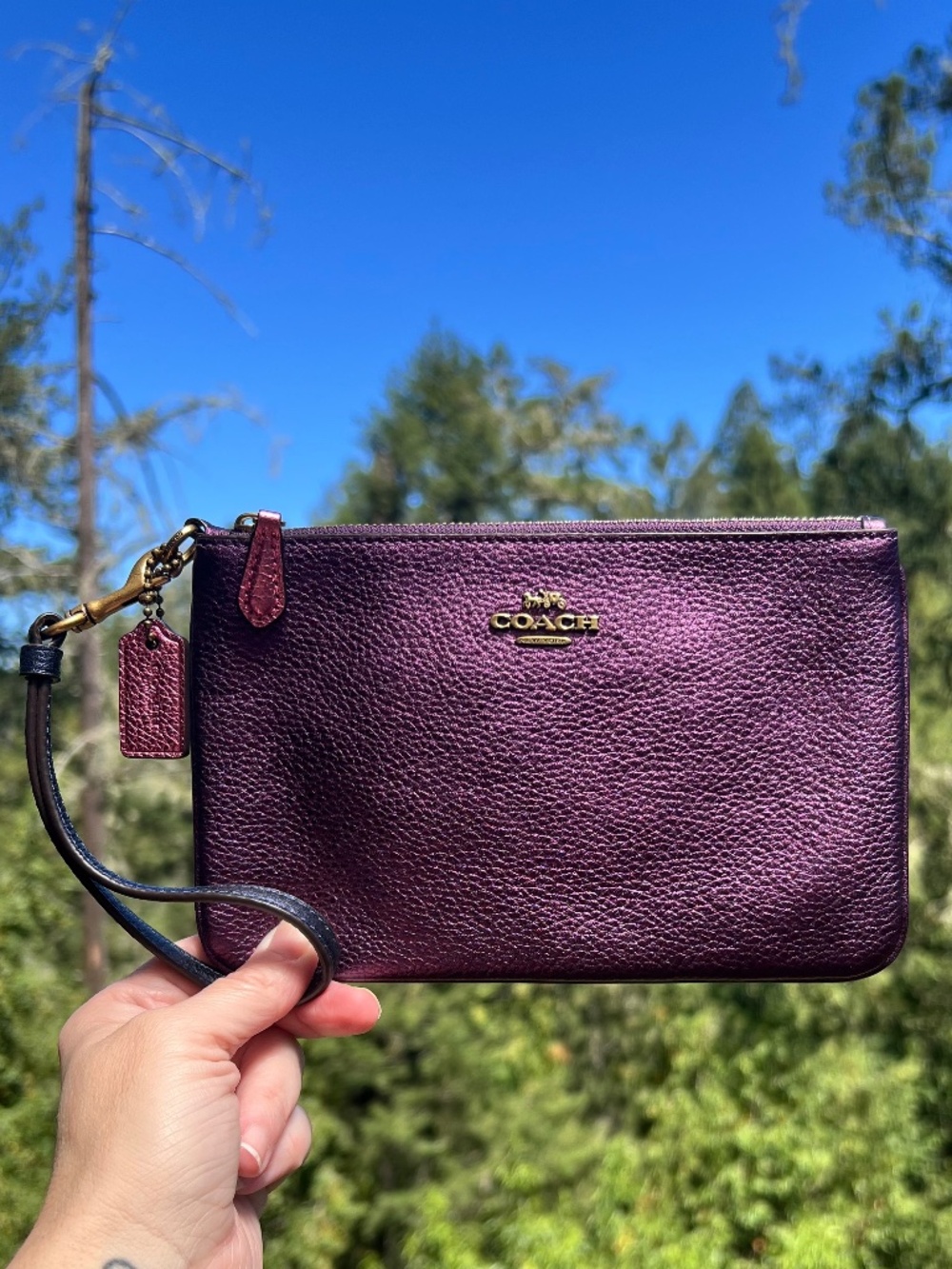 COACH Small Metallic Purple Leather Wristlet Wallet Gold Hardware AUTHENTIC